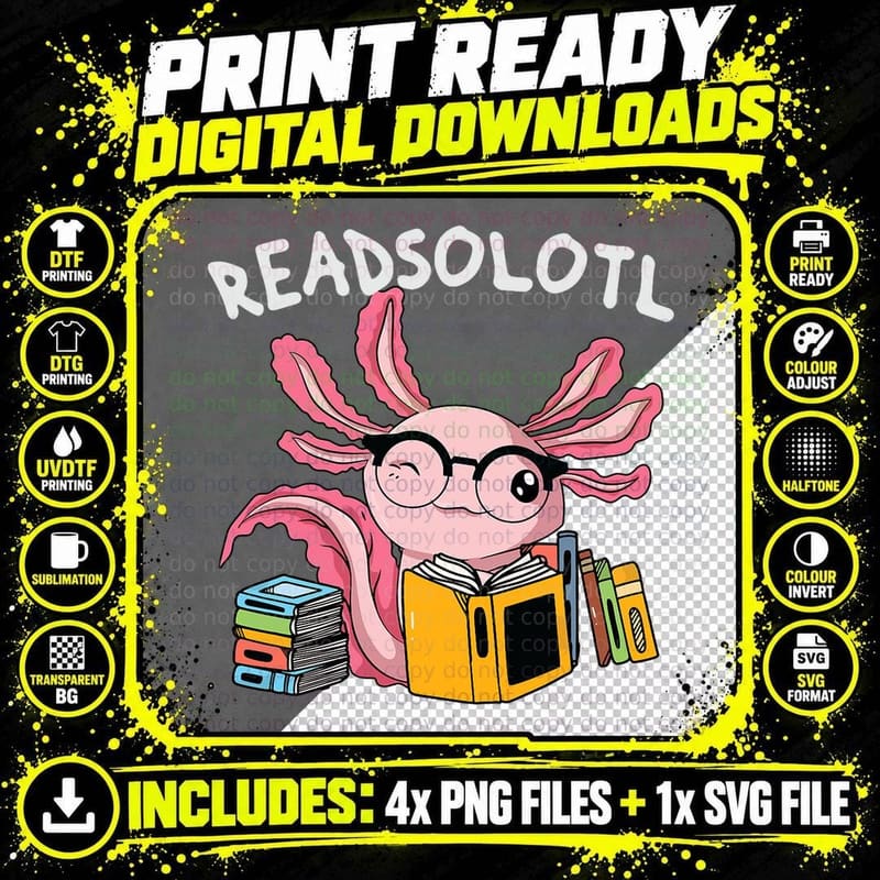 Readsolotl Read Book Axolotl Reading Fish Books Lizard Png SVG Digital Bundle
