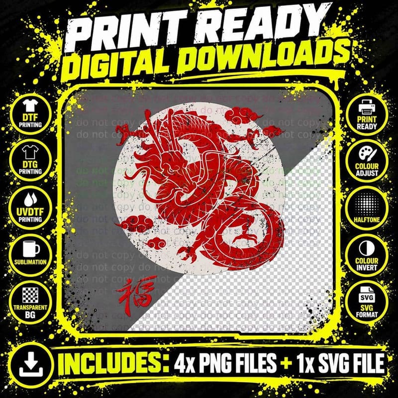 Red Dragon White Rising Sun Chinese Strength Symbol Png SVG Digital Bundle