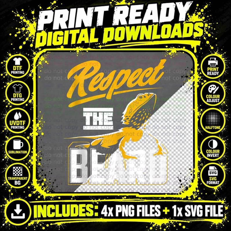 Respect the Beard Pogona Bearded Dragon T-Shirt Png SVG Digital Bundle