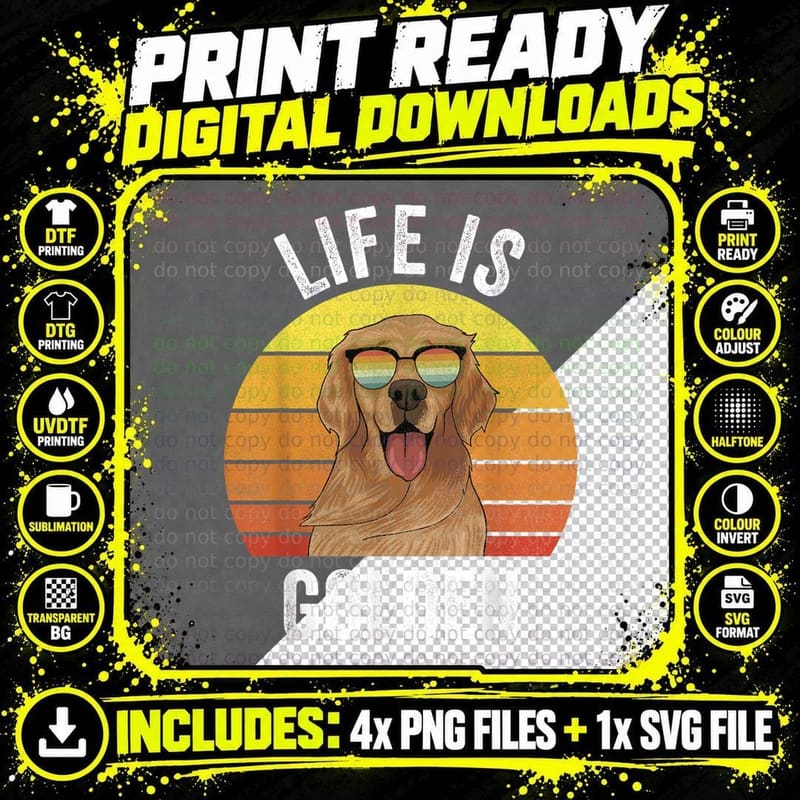Retro Life Is Golden Retriever Gifts Funny Dog T-Shirt Png SVG Digital Bundle