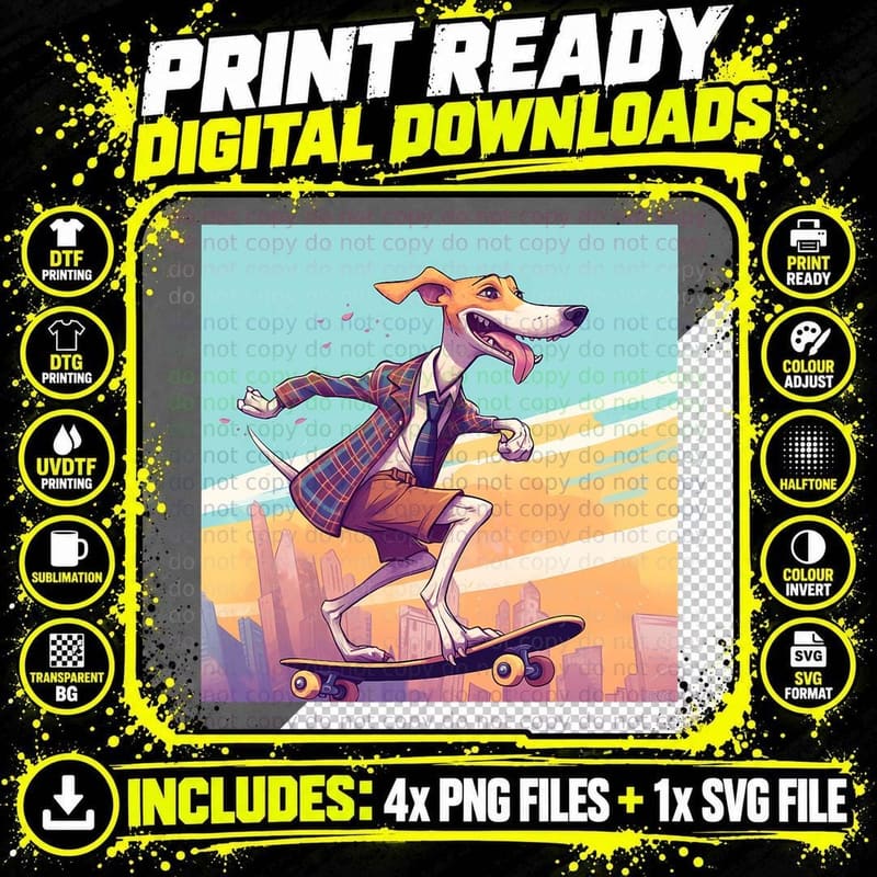 Retro Skateboarding Greyhound Dog Skateboard T-Shirt Png SVG Digital Bundle