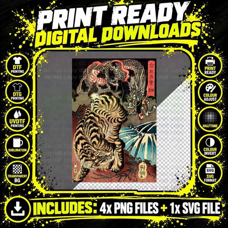 Retro Vintage Dragon Fighting Tiger T-Shirt Png SVG Digital Bundle