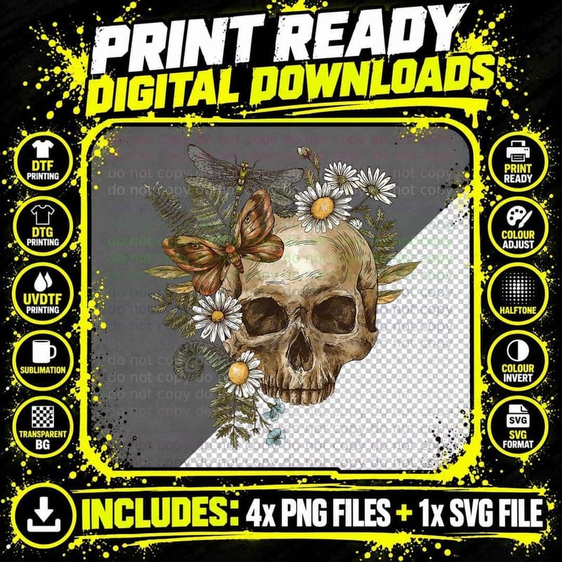 Skull Butterfly Dragon Fly in Autumn Leaves and Daisies Png SVG Digital Bundle