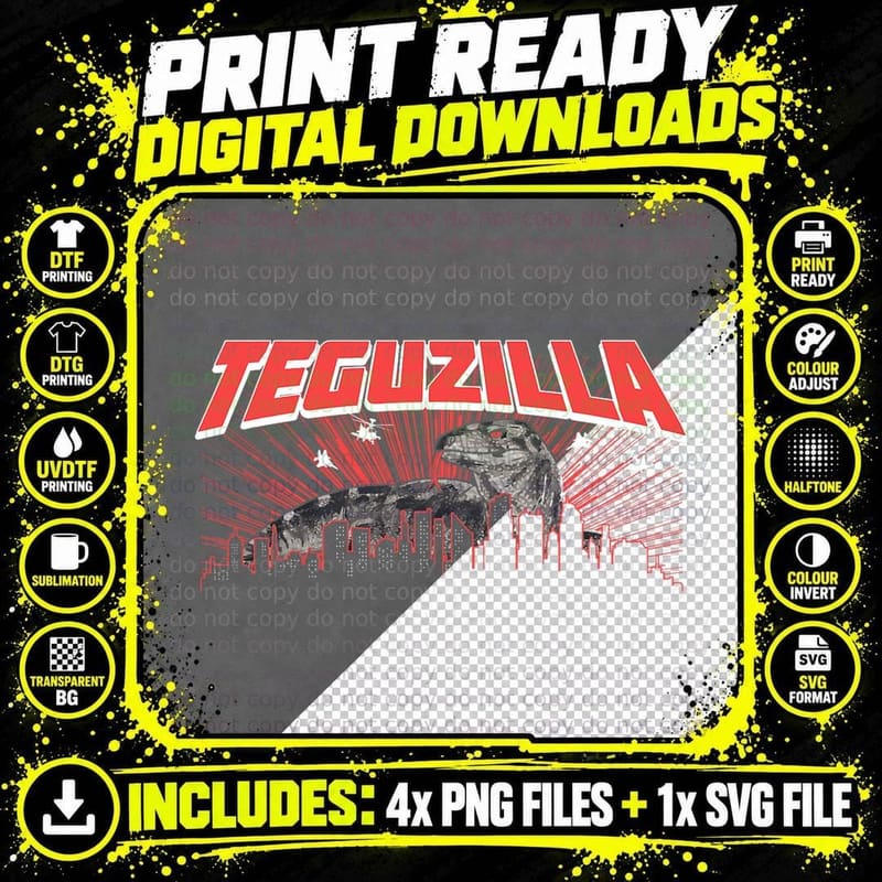 Teguzilla Little Lizard Black & White Gecko Bearded Png SVG Digital Bundle