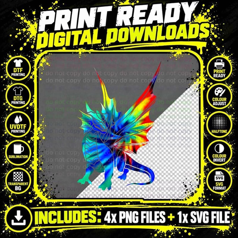 Tie Dye Dragon Cute Brushed Firedrake Tee Gift T-Shirt Png SVG Digital Bundle