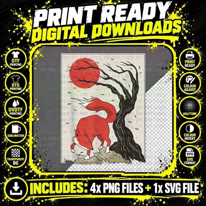Traditional Japanese Art - Fox and Nature Spiritual Png SVG Digital Bundle