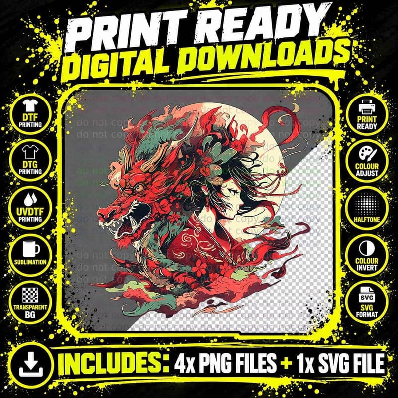 Traditional Japanese Inspired Dragon and Girl Portrait Png SVG Digital Bundle