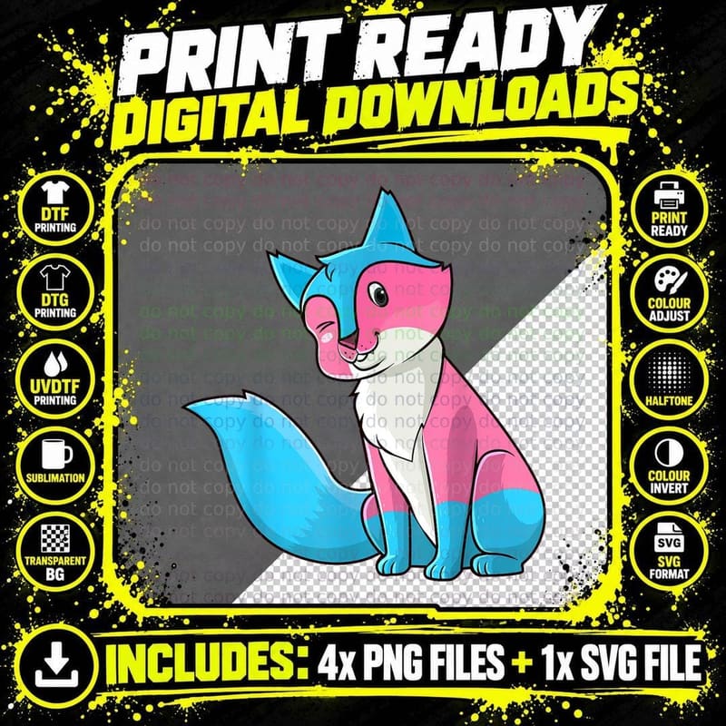 Transgender Pride Fox LGBT Trans Flag Cute Wild Animal Png SVG Digital Bundle