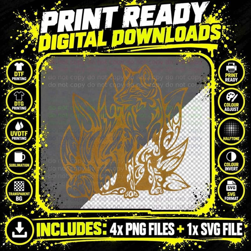 Tribal Kitsune Yokai Design Japanese Fox Spirit Yokai Png SVG Digital Bundle