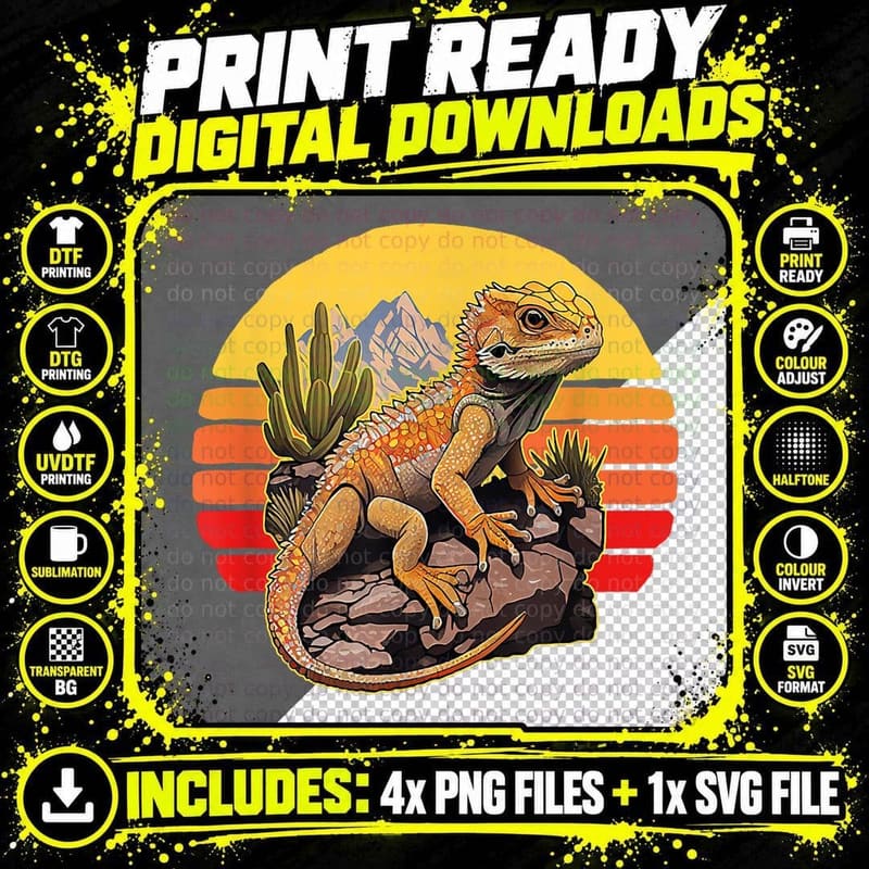 Vintage Bearded Dragon Desert Sunset Nineties Style Png SVG Digital Bundle
