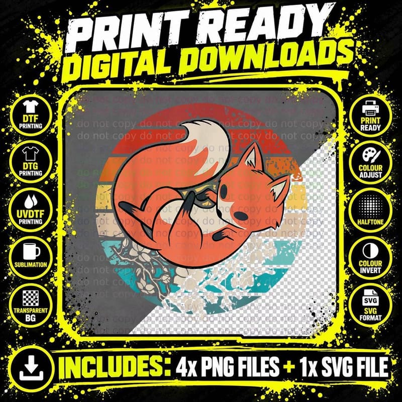 Vintage Cute Kitsune Sleeping on Sakura Flowers Png SVG Digital Bundle