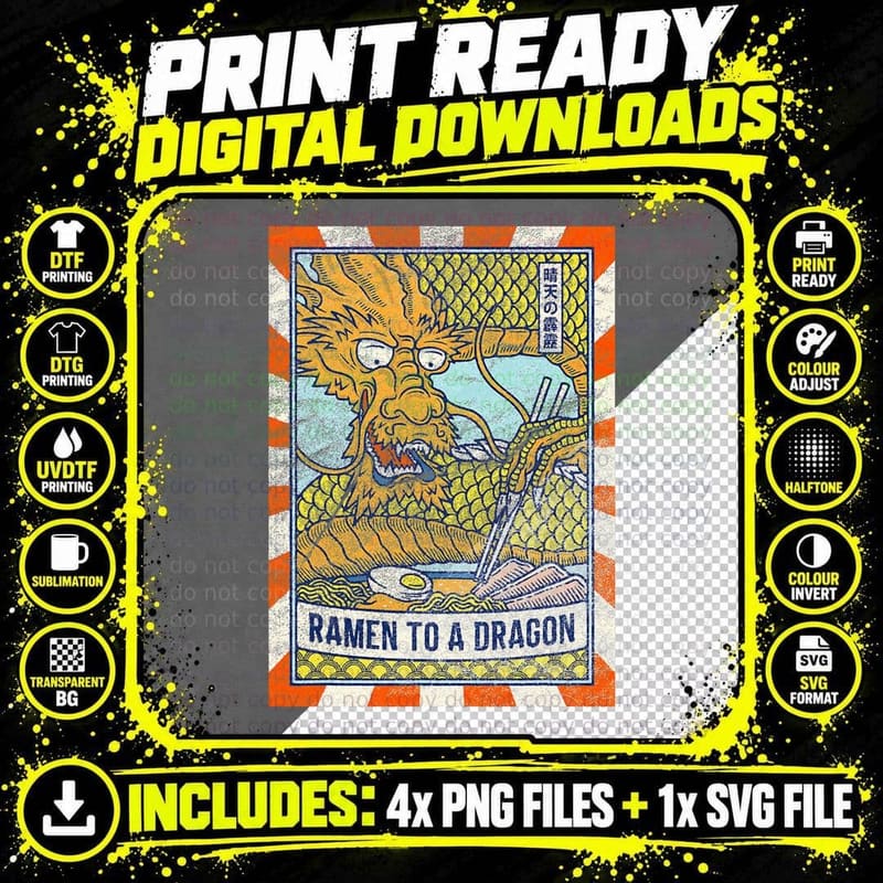 Vintage Ramen Dragon Japanese Ramen to a Dragon Ukiyo-E Png SVG Digital Bundle