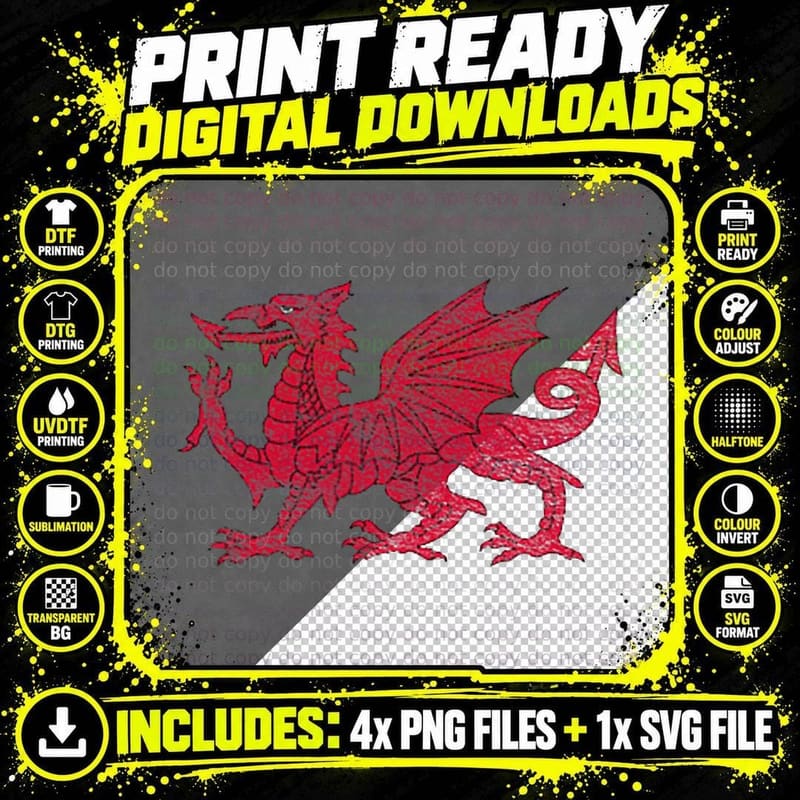 WALES FLAG RED Dragon WELSH National FLAG Cardiff T-Shirt Png SVG Digital Bundle