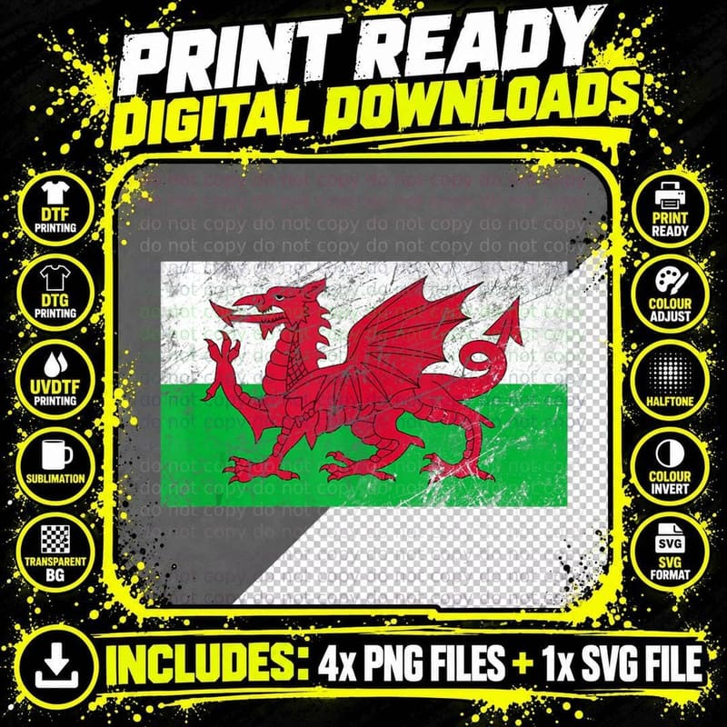 Wales Dragon Flag Welsh Retro Cymru T-Shirt Png SVG Digital Bundle