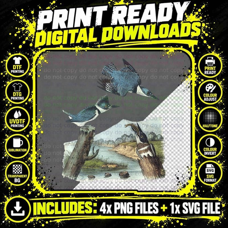 Watercolor Belted Kingfisher Bird T-Shirt Png SVG Digital Bundle