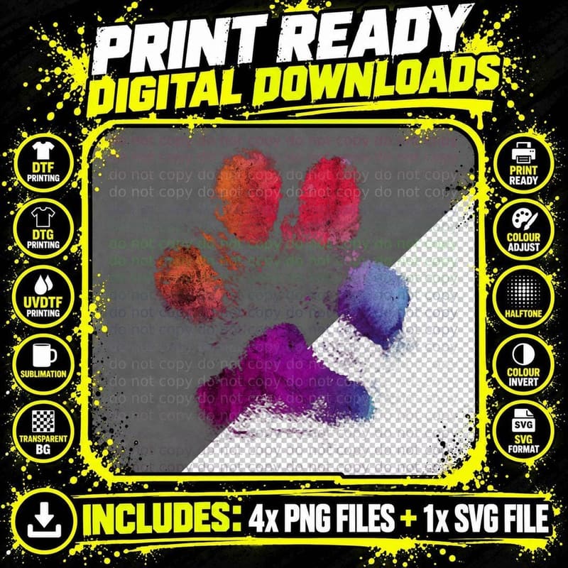Watercolor Paw Print, Animals, Cat Png SVG Digital Bundle
