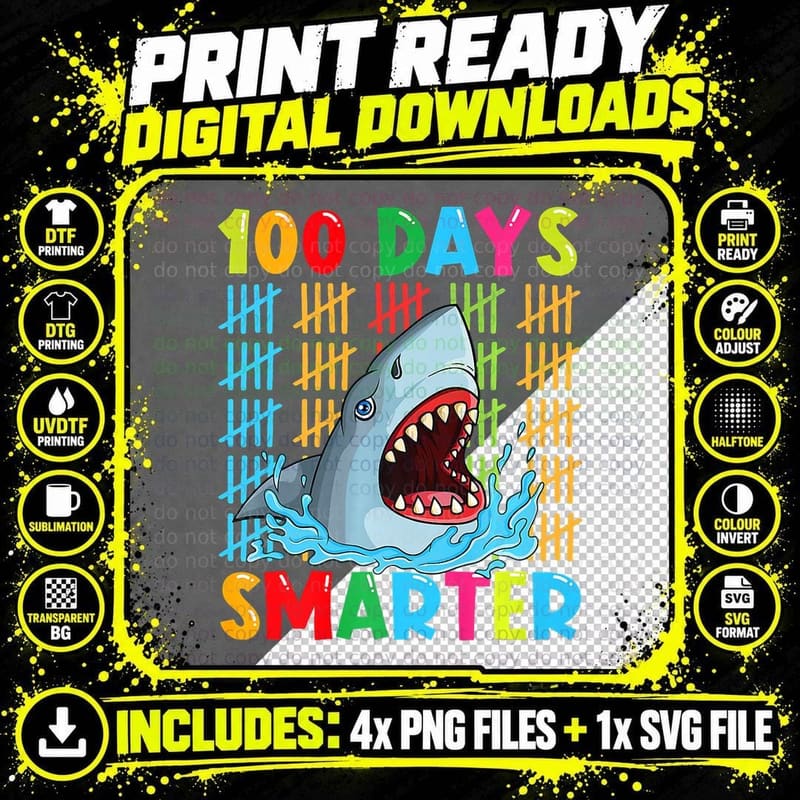 100th Day of School Toddlers Kid Shark Lover T-Shirt Png SVG Digital Bundle