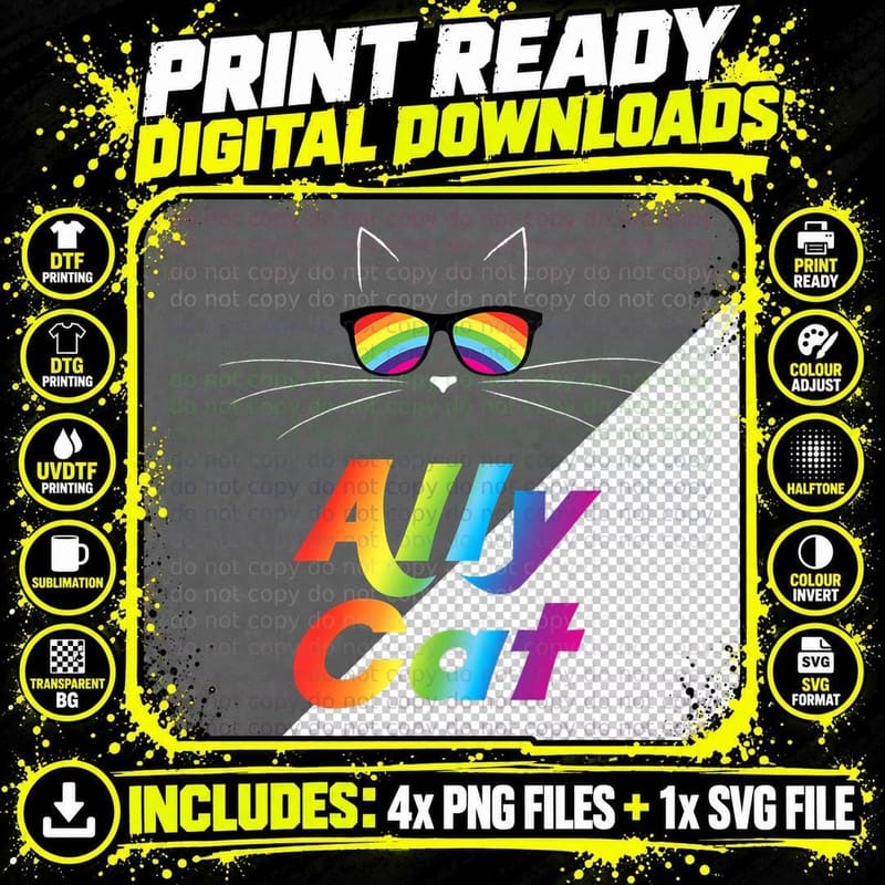 Ally Cat Rainbow Sunglasses Gay Pride Kitty Allies Png SVG Digital Bundle