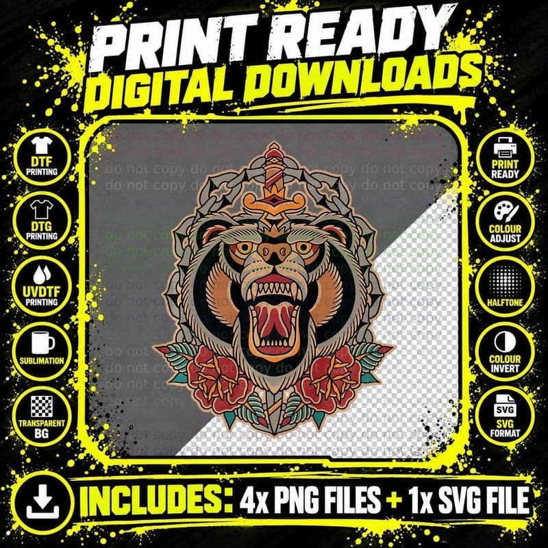 American Traditional Tattoo Flash Bear T-Shirt Png SVG Digital Bundle