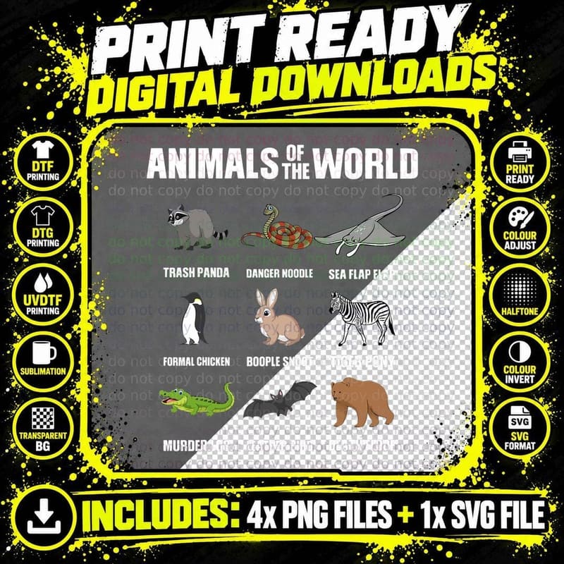Animals of the World Funny Penguin Bear Zebra Raccoon Png SVG Digital Bundle