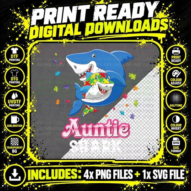 Auntie Shark Autism Awareness Rainbow Puzzle Matching Do Png SVG Digital Bundle