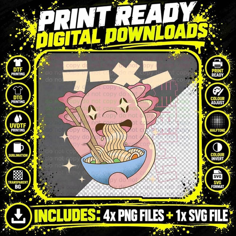 Axolotl Girl Japan Style Japanese Axolotl Ramen T-Shirt Png SVG Digital Bundle