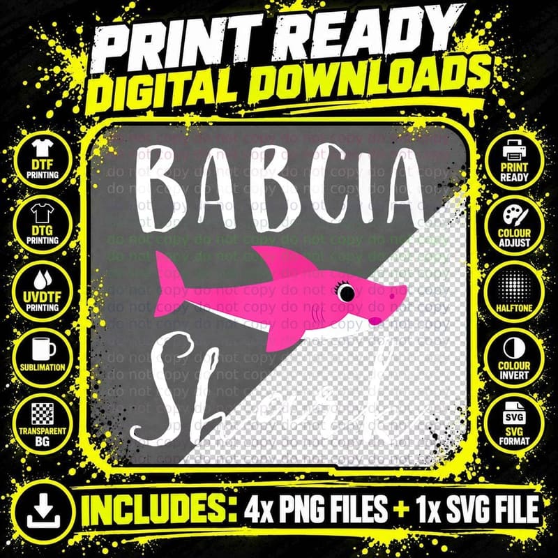 Babcia Shark Grandma Grandmother Pink T-Shirt Png SVG Digital Bundle
