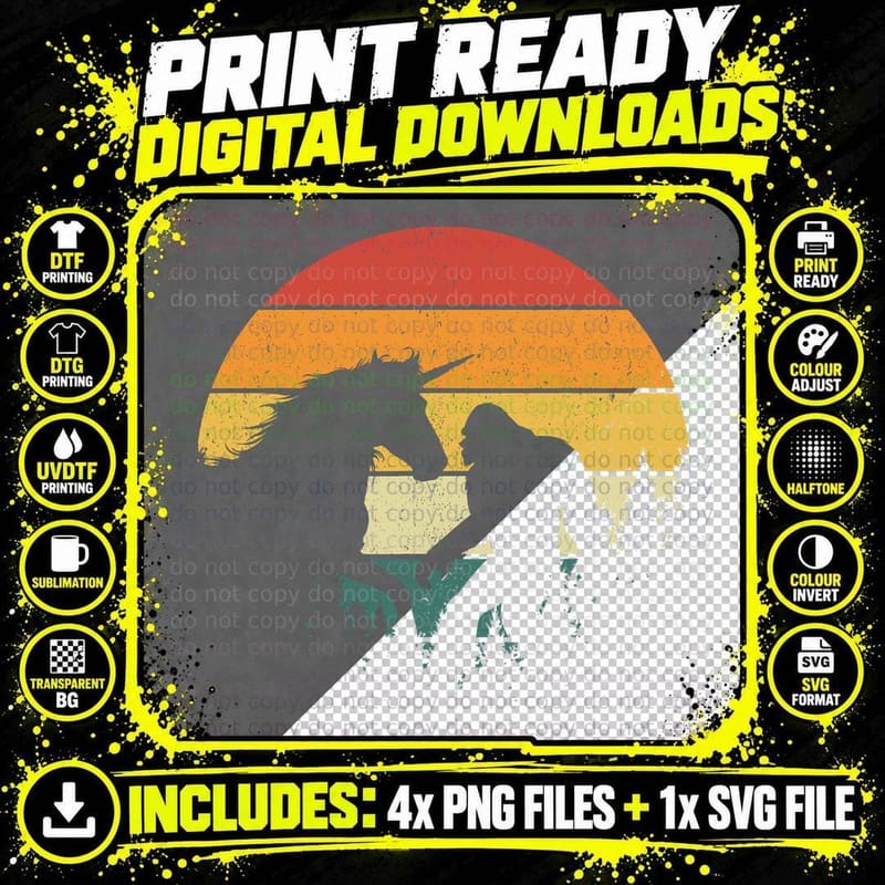 Bigfoot Walking Unicorn Horse Riding Retro Funny Png SVG Digital Bundle