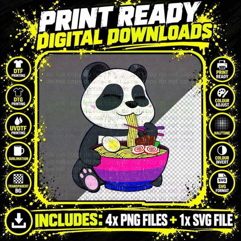 Bisexual Panda Eating Ramen LGBT Q Cute Subtle Bi Pride Png SVG Digital Bundle