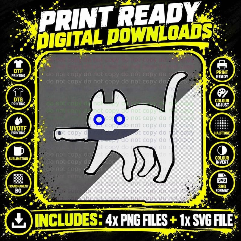 Black Cat, with Knife in Mouth Meme Apparel T-Shirt Png SVG Digital Bundle