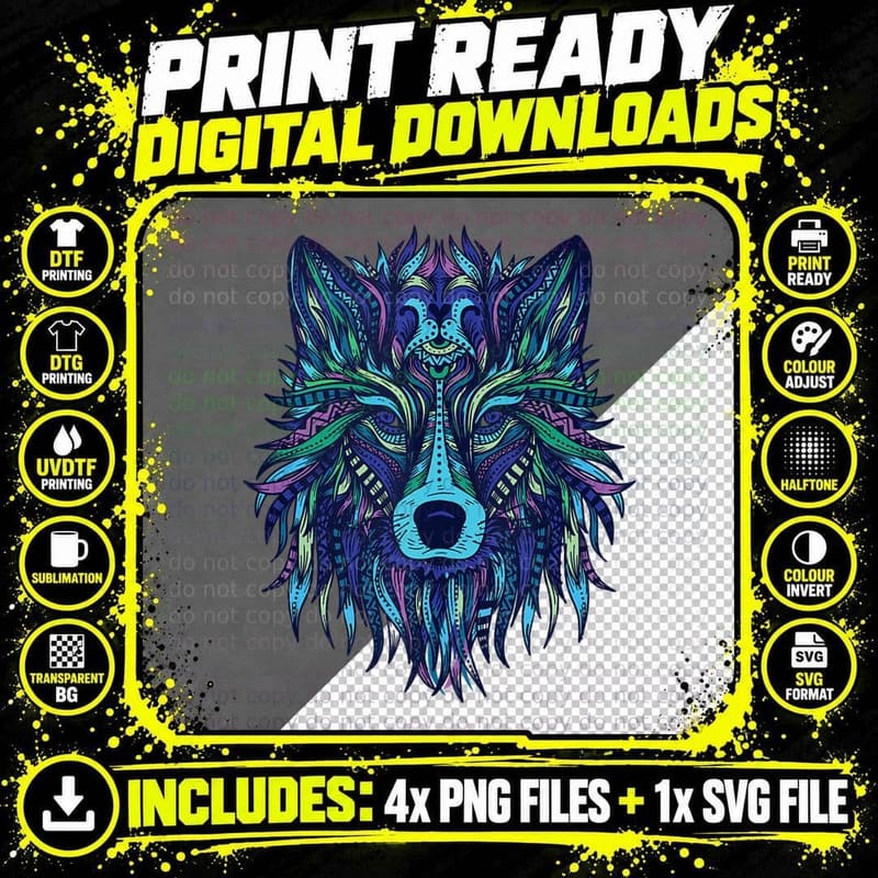 Blue Wolf Head Tribal Mandala Tattoo Art Top T-Shirt Png SVG Digital Bundle