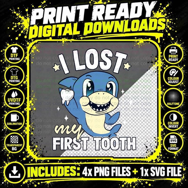 Boys Tooth Fairy Teeth Out Funny Shark I Lost My First Png SVG Digital Bundle