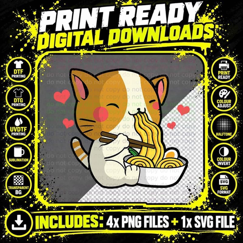 Cat Eating Ramen T-Shirt Png SVG Digital Bundle