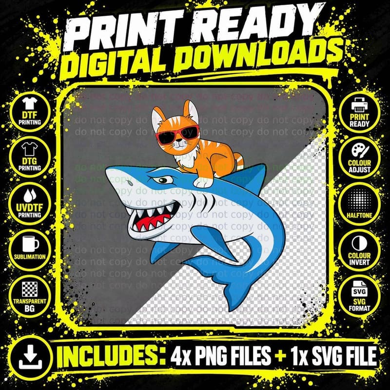Cat with Sunglasses Riding Shark Funny Cat Tee Png SVG Digital Bundle