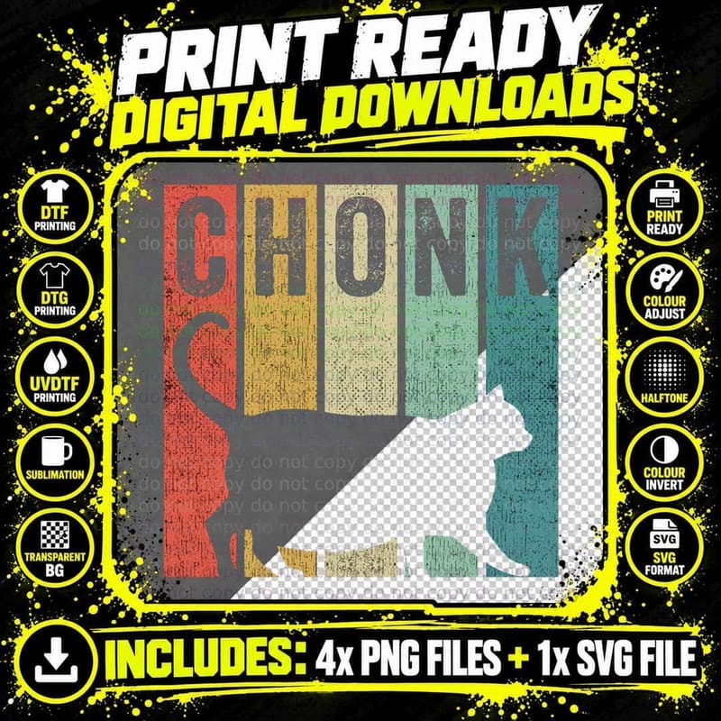 Chonk Distressed 70s 80s Retro Style Funny Fat Cat Meme Png SVG Digital Bundle