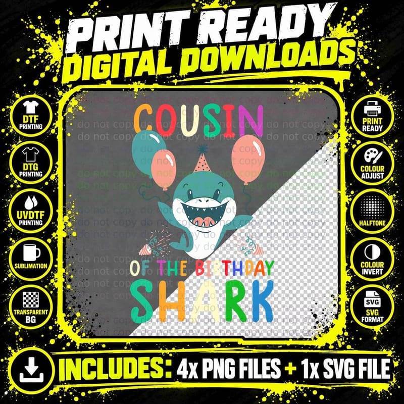 Cousin of the Birthday Shark Birthday Family Matching Png SVG Digital Bundle