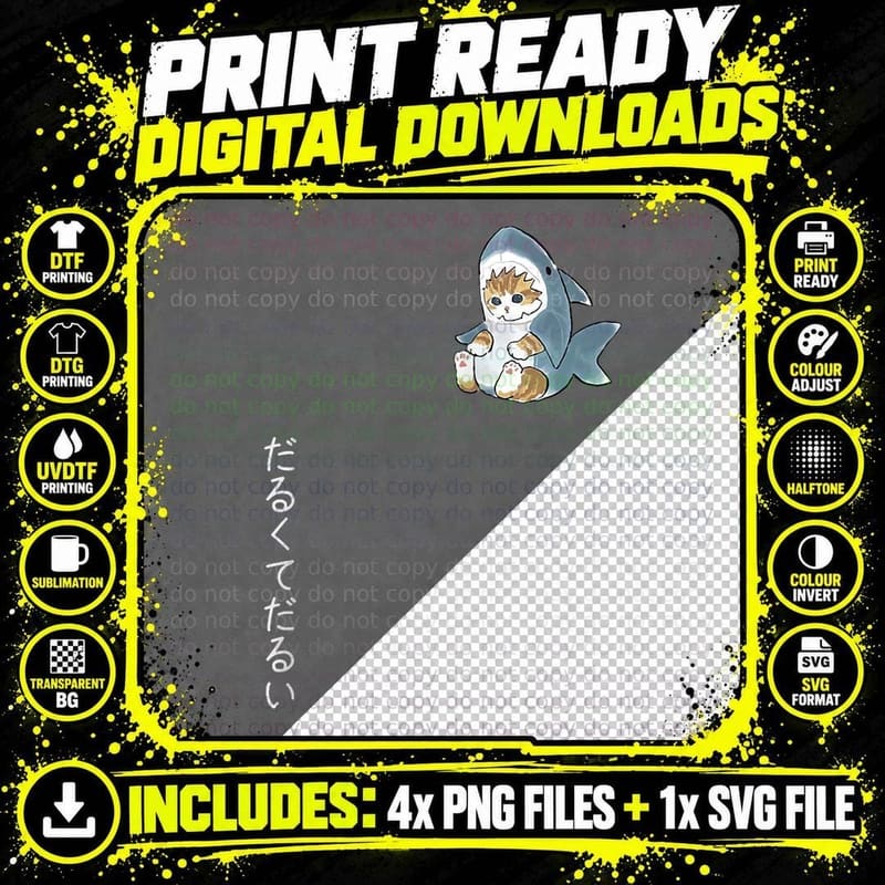 Cute Cat in a Shark Costume, Tired & Sluggish Png SVG Digital Bundle