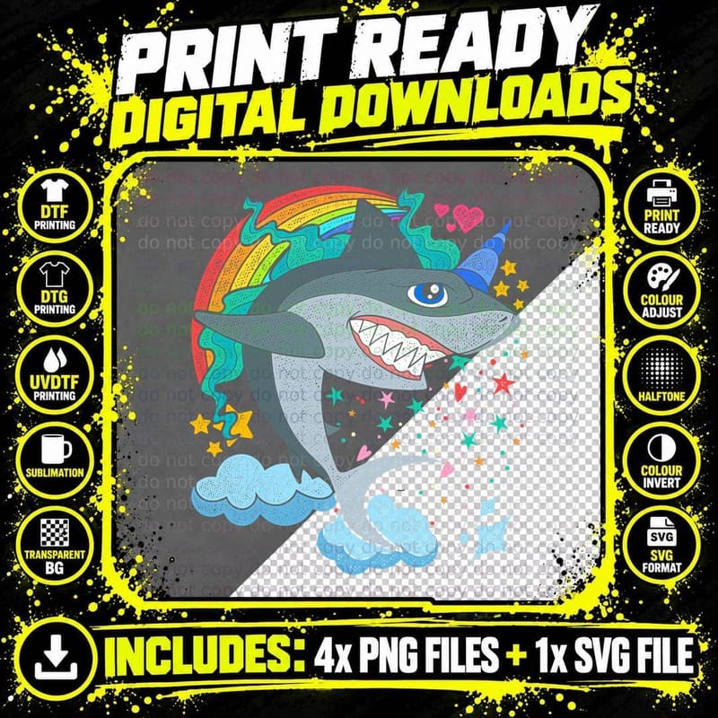 Cute Rainbow Fantasy Ocean Animal Sharkicorn Shark Png SVG Digital Bundle