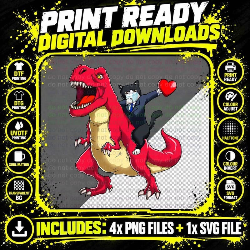 Dabbing Cat Riding Dinosaur Valentines Day Heart Face Png SVG Digital Bundle