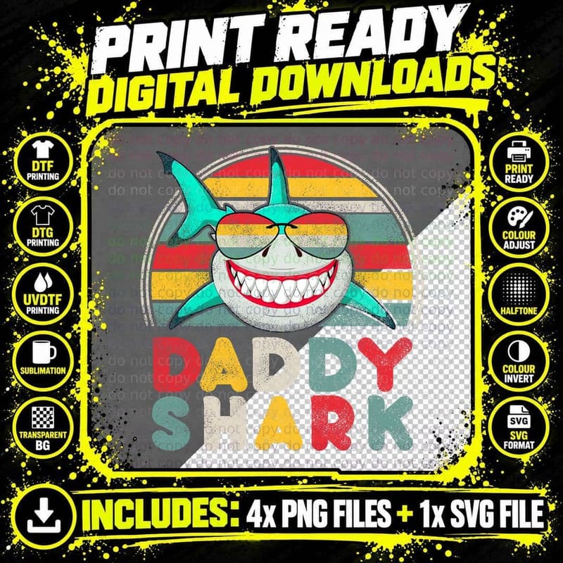 Daddy Shark Fun-Ny Cute Retro Mens Fathers Day Gift-Idea Png SVG Digital Bundle