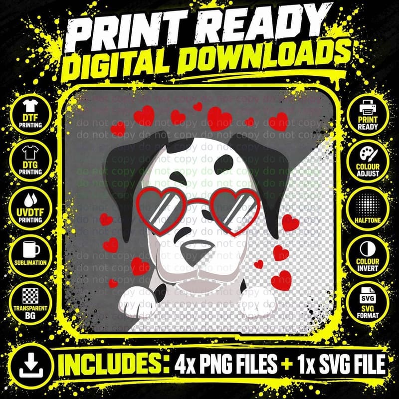 Dalmatian Dog Face Wearing Heart Glasses Valentines Day Png SVG Digital Bundle