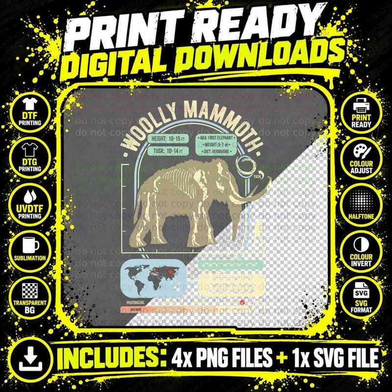 Dinosaur Facts - Woolly Mammoth Science & Anatomy Gift Png SVG Digital Bundle