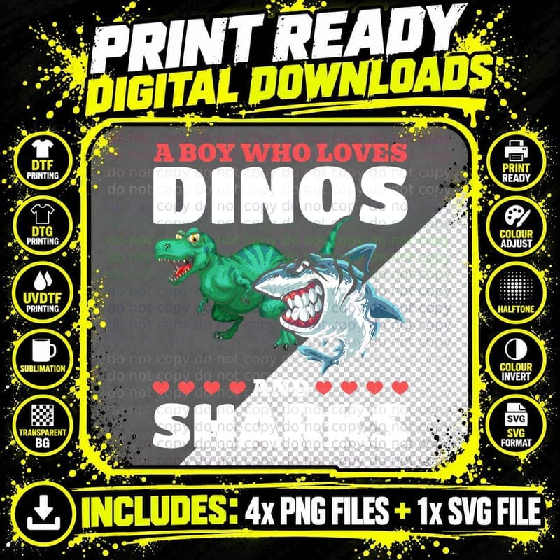 Dinosaur Great White Shark a Boy Who Loves Dinos and Png SVG Digital Bundle