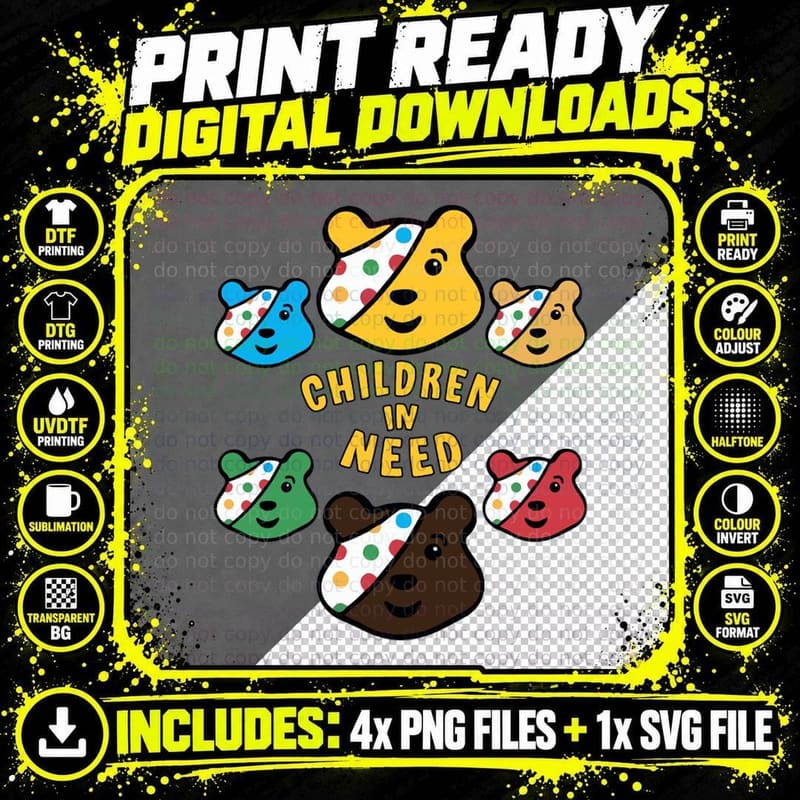 Diy Children in Need, Tesco Pudsey Bear Funny Classic Png SVG Digital Bundle