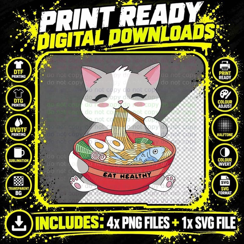 Eat Healthy Ramen Funny Cute Kitty Cat T-Shirt Png SVG Digital Bundle