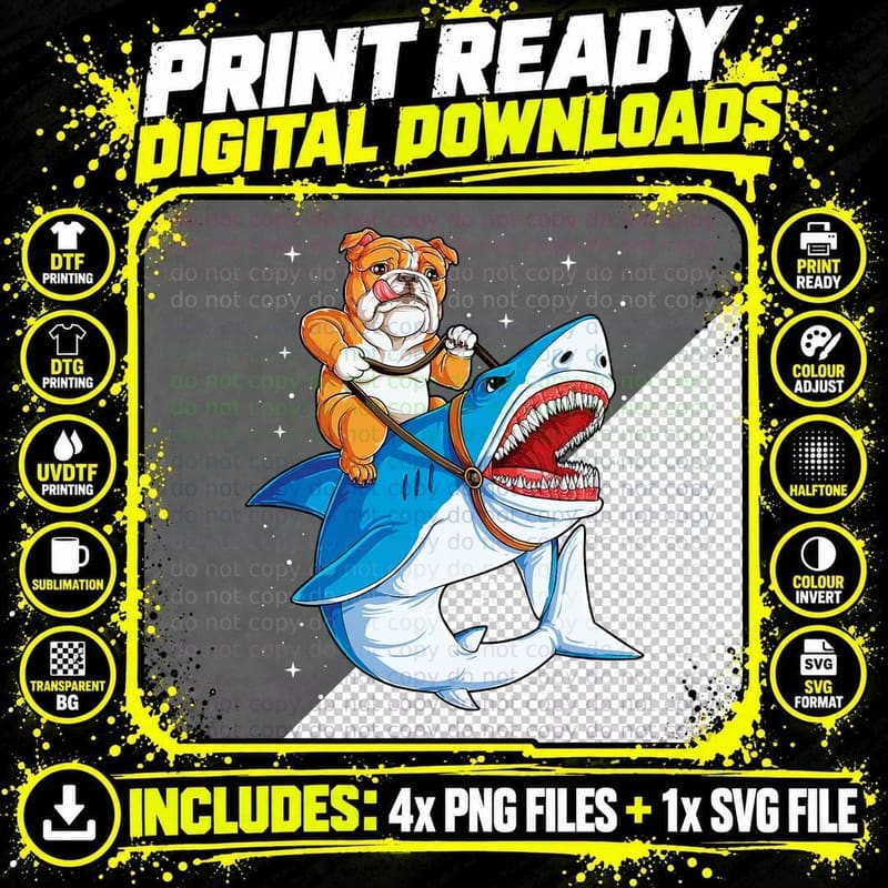 English Bulldog Riding Shark Jawsome Dog Lover Gifts Png SVG Digital Bundle