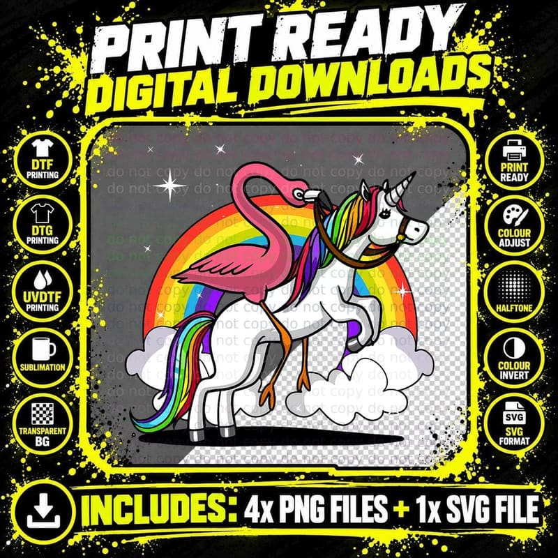 Flamingo Bird Riding Unicorn Magical Rainbow Kids Girls Png SVG Digital Bundle