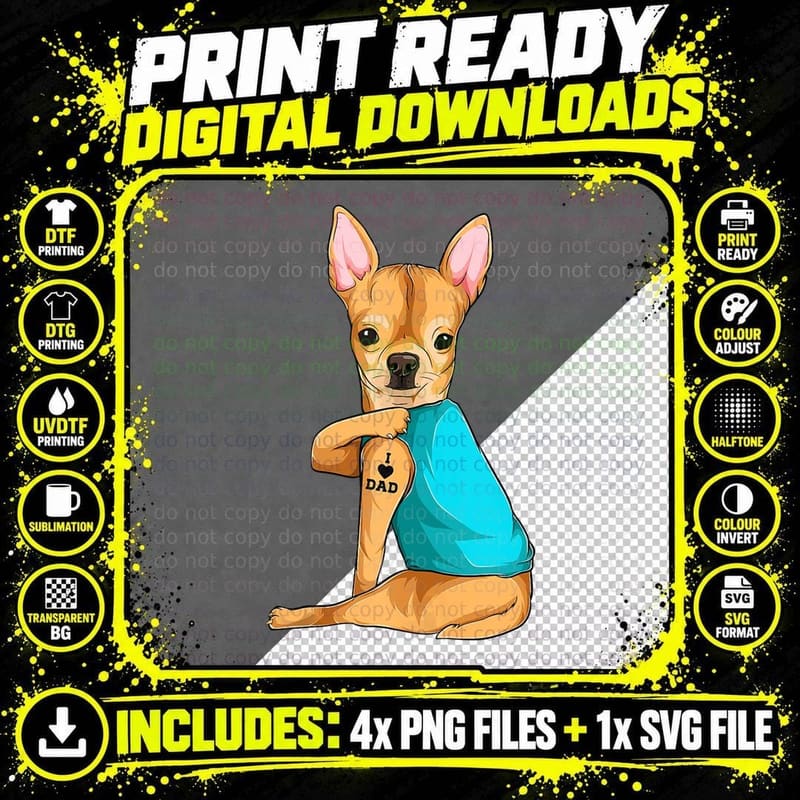 Fun Chihuahua I Love Dad Tattoo Apparel Png SVG Digital Bundle