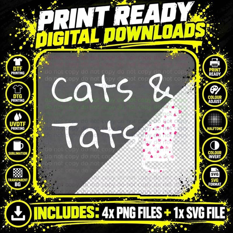 Funny Cat Design Cats & Tats Tattoo T-Shirt Png SVG Digital Bundle