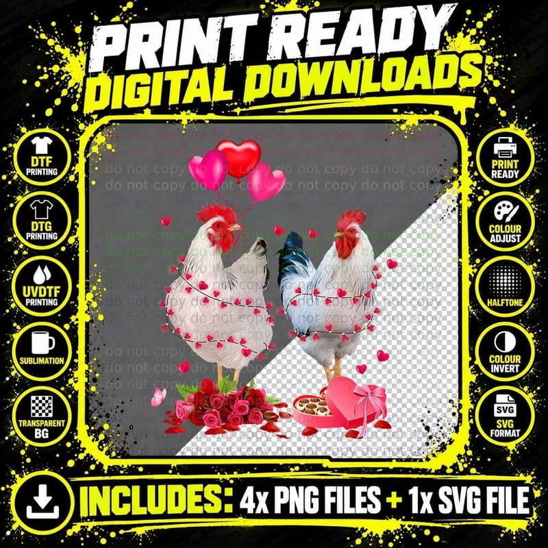 Funny Chicken Valentines Day Heart Chicken Couple Men Png SVG Digital Bundle